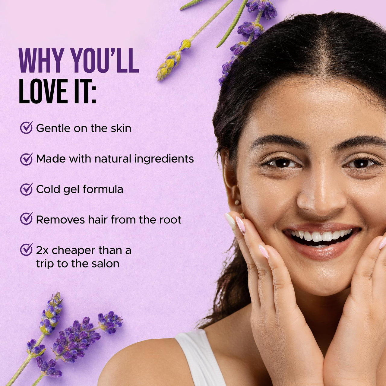 Hilary Rhoda One Go Facial Wax Strips | Ready-To-Use | Face, Cheek, Upper Lip & Chin Facial Wax | Painless Hair Removal | With 2 Finish Wipes | 20 Strips (Lavender)