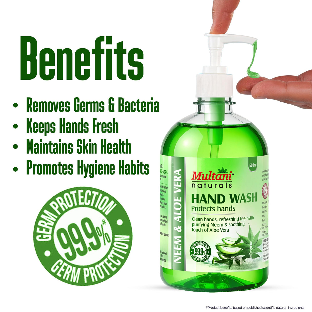 Multani Naturals Neem Aloe Vera Hand Wash 500ml | Gentle Hand Cleanser with Natural Ingredients | 99.9% Germ Protection Liquid Hand Wash