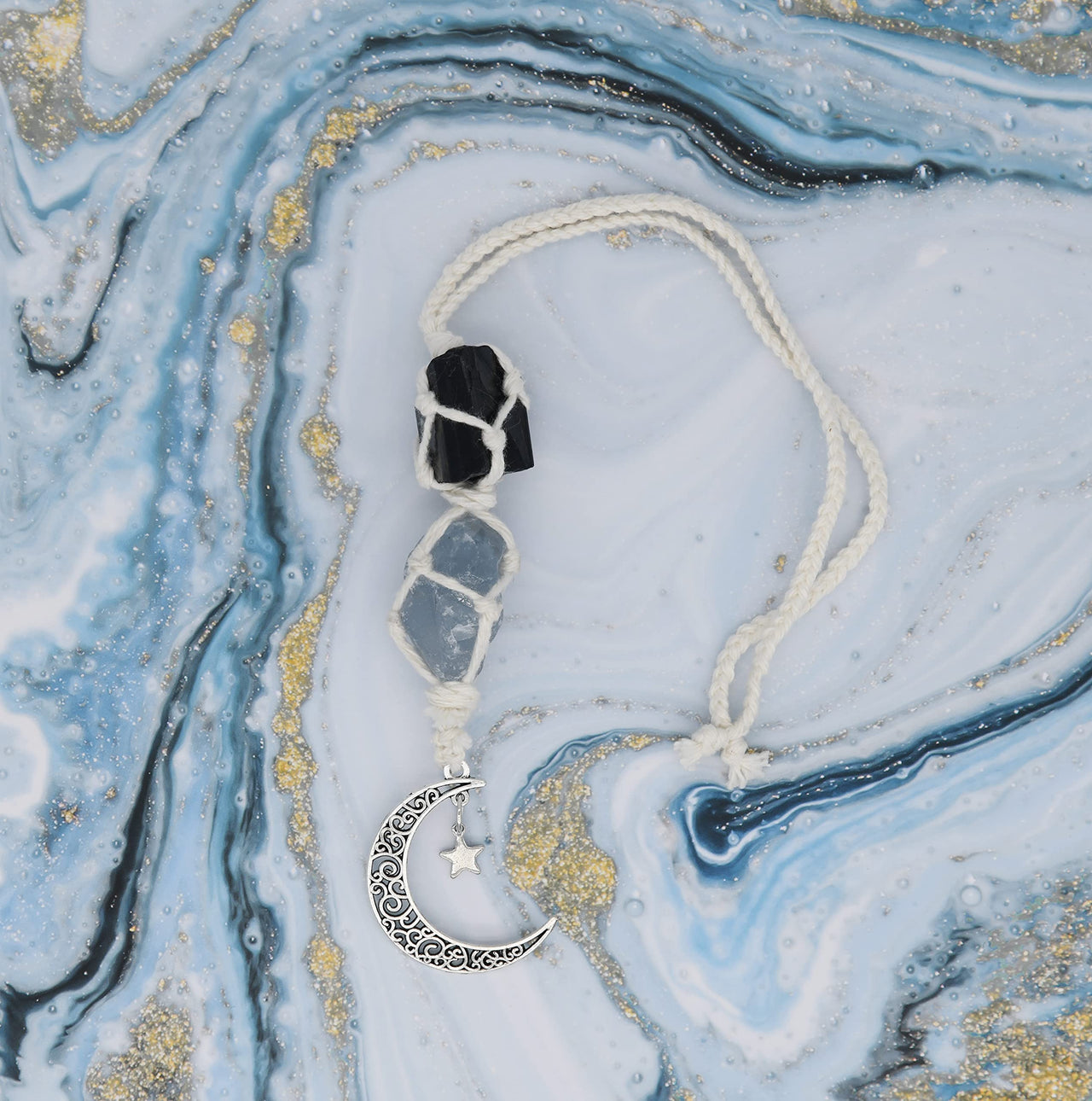 BOHO GARDEN Hanging Car Charm - Black Tourmaline & Blue Calcite - Dangling Moon & Healing Crystal Accessories, Rearview Mirror Decorations - Confidence, Calmness, Creativity, Protection, Communication Tourmaline-blue Calcite
