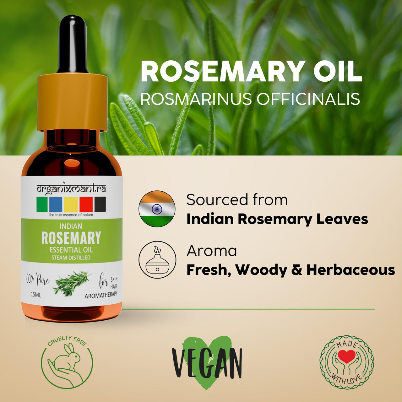 Organix Mantra Rosemary Essential Oil for Hair, Skin & DIY - 100% Natural Rosemary Oil - 15ML