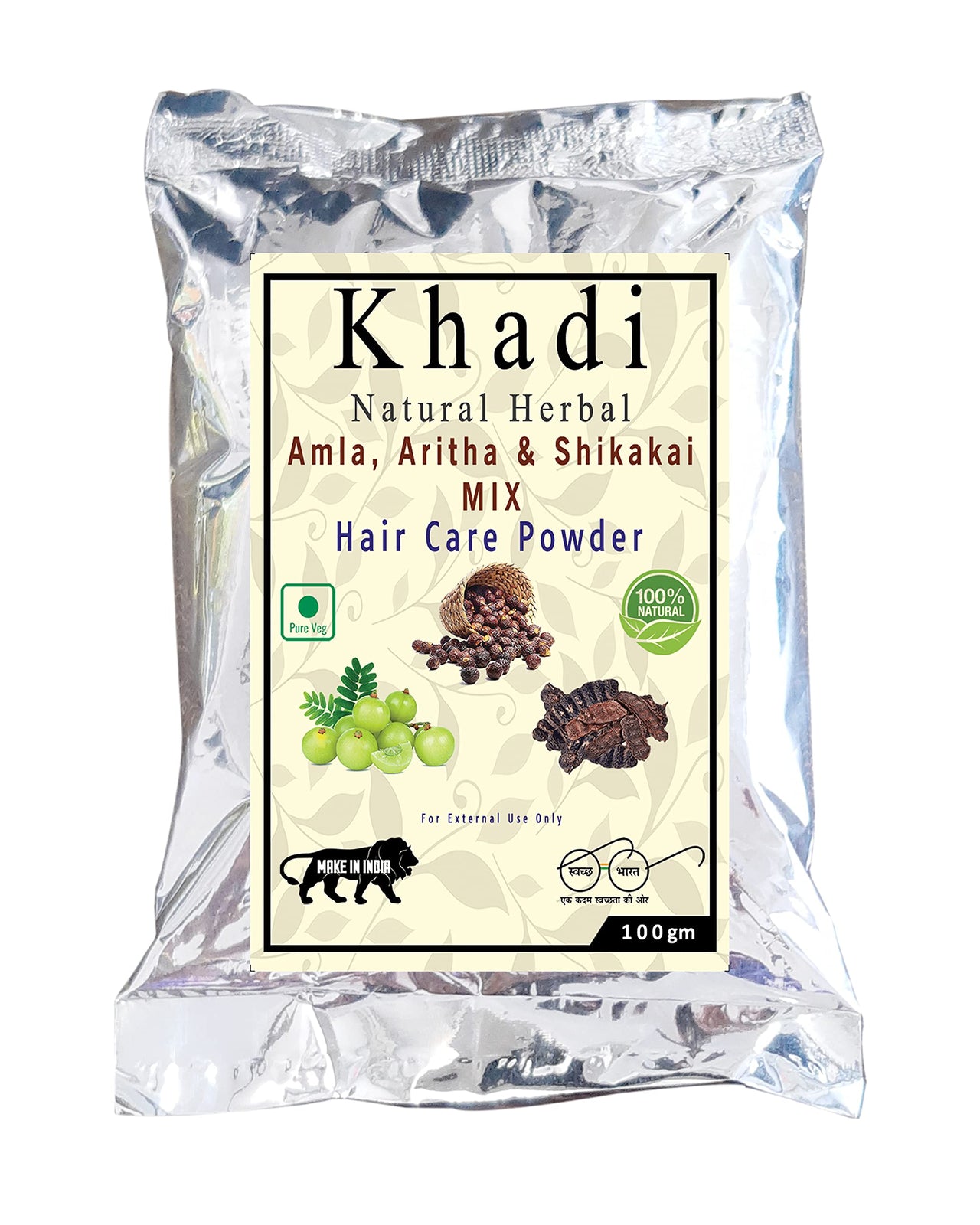 Khadi Natural Herbal Natural Hair Shampoo With Amla Aritha And Shikakai Powder | Control Hair Fall ,Dandruff | | Strengthening & Conditoning Hair | Suitable For All Hair Types Men & Women Natural Shampoo 100Gm