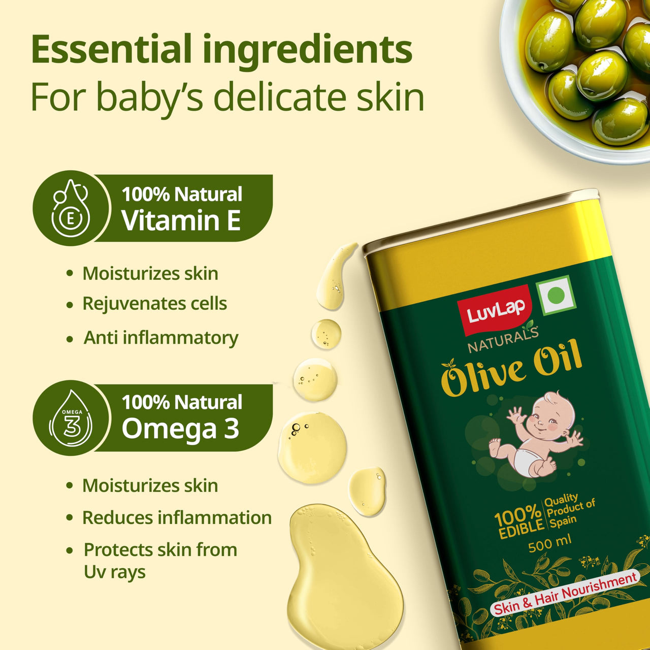 LuvLap Naturals Baby Body Massage Olive Oil, 500 ML, Spanish Premium Olive Oil, Enhances Bone & Muscle Strength