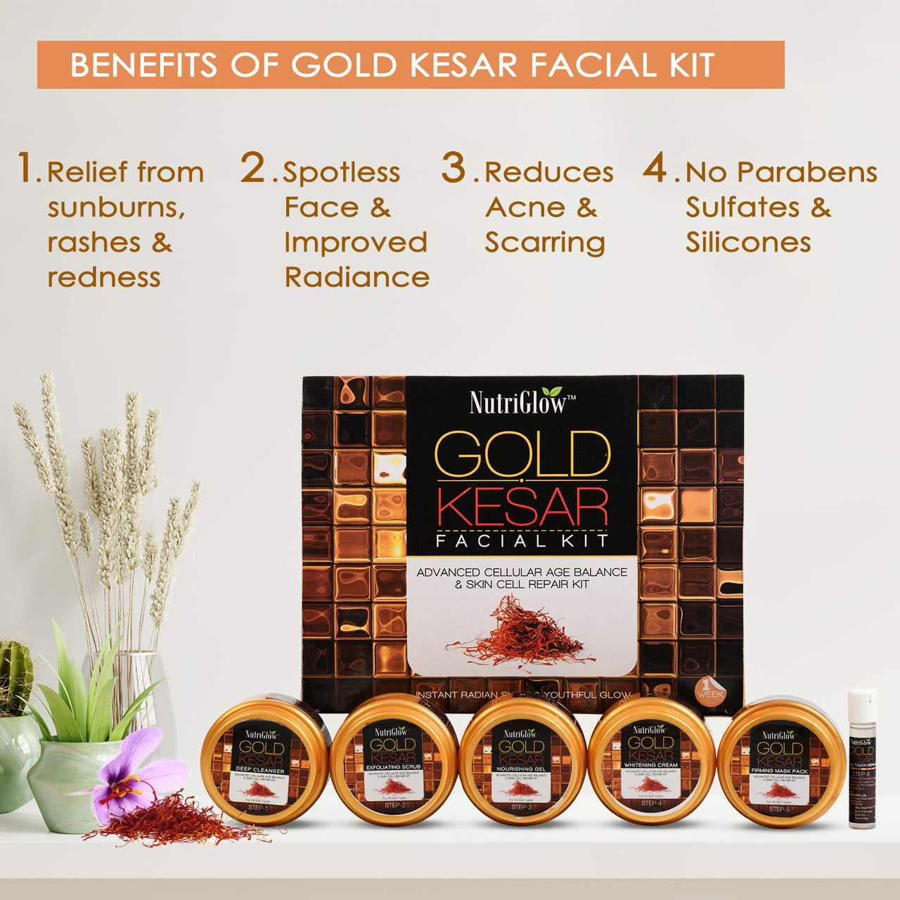 NutriGlow Gold Kesar Facial Kit (250gm + 10ml) with Bleach Cream (43gm) & Face Wash (65ml), All Skin Types (Pack Of 3)