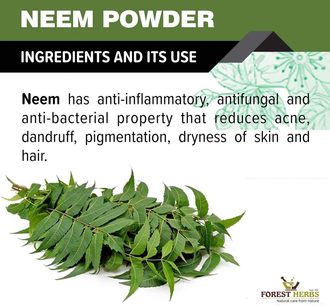 The Forest Herbs Natural Care From Nature 100% Pure Neem Leaves Powder 200 Grams (Sun Dried & Stemless) for Face, Skin, Hair Growth Pack
