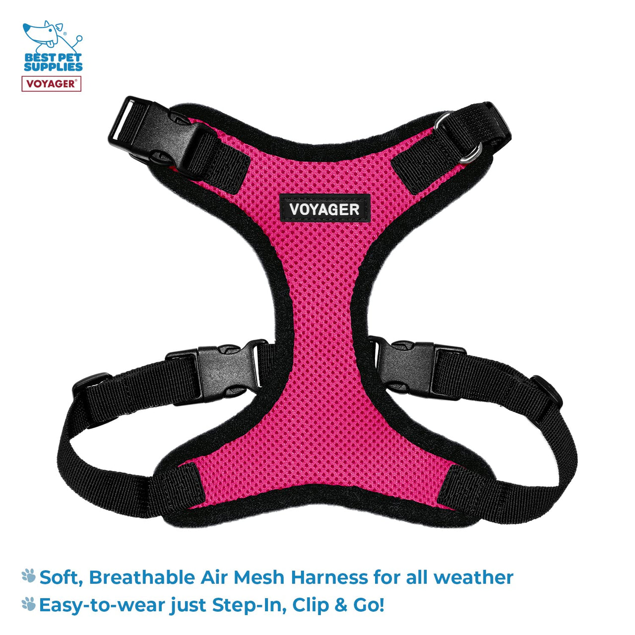 Voyager Step-in Lock Dog Harness w Reflective Dog Leash Combo Set with Neoprene Handle 5ft - Supports Small, Medium and Large Breed Puppies/Cats by Best Pet Supplies - Fuchsia/Black Trim, S
