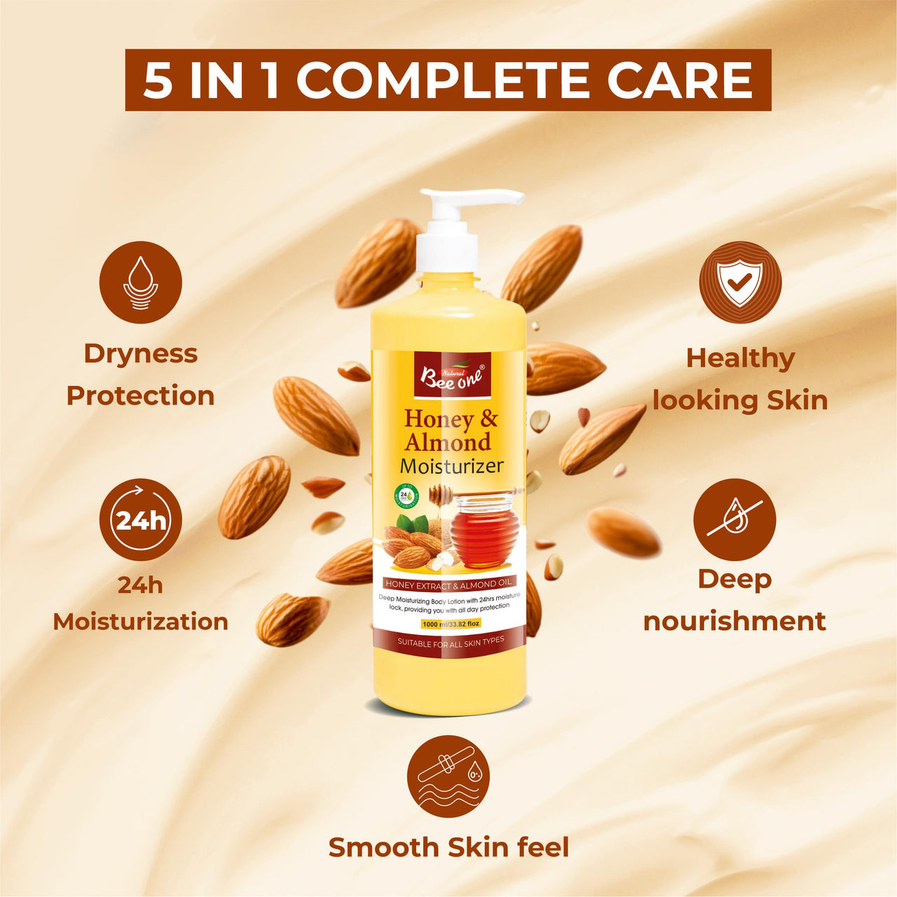 Beeone Honey Almond Moisturizer 1000ml – Deeply Nourishing Lotion for Soft, Smooth & Hydrated Skin | Rich in Honey & Almonds for All Skin Types