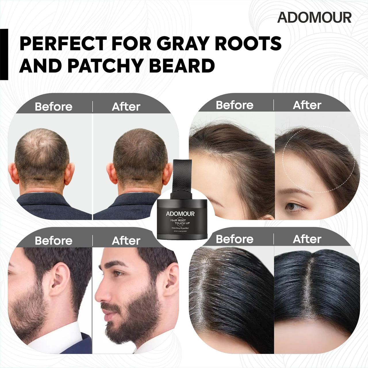 ADOMOUR Root Touchup Powder 4g | Covers Hairline, Grey Roots & Bald Spots Instantly | Sweat & Stain Resistant 24HR | Long Lasting & Natural Finish | Cover Up Hair Powder for Men & Women (Medium Brown)