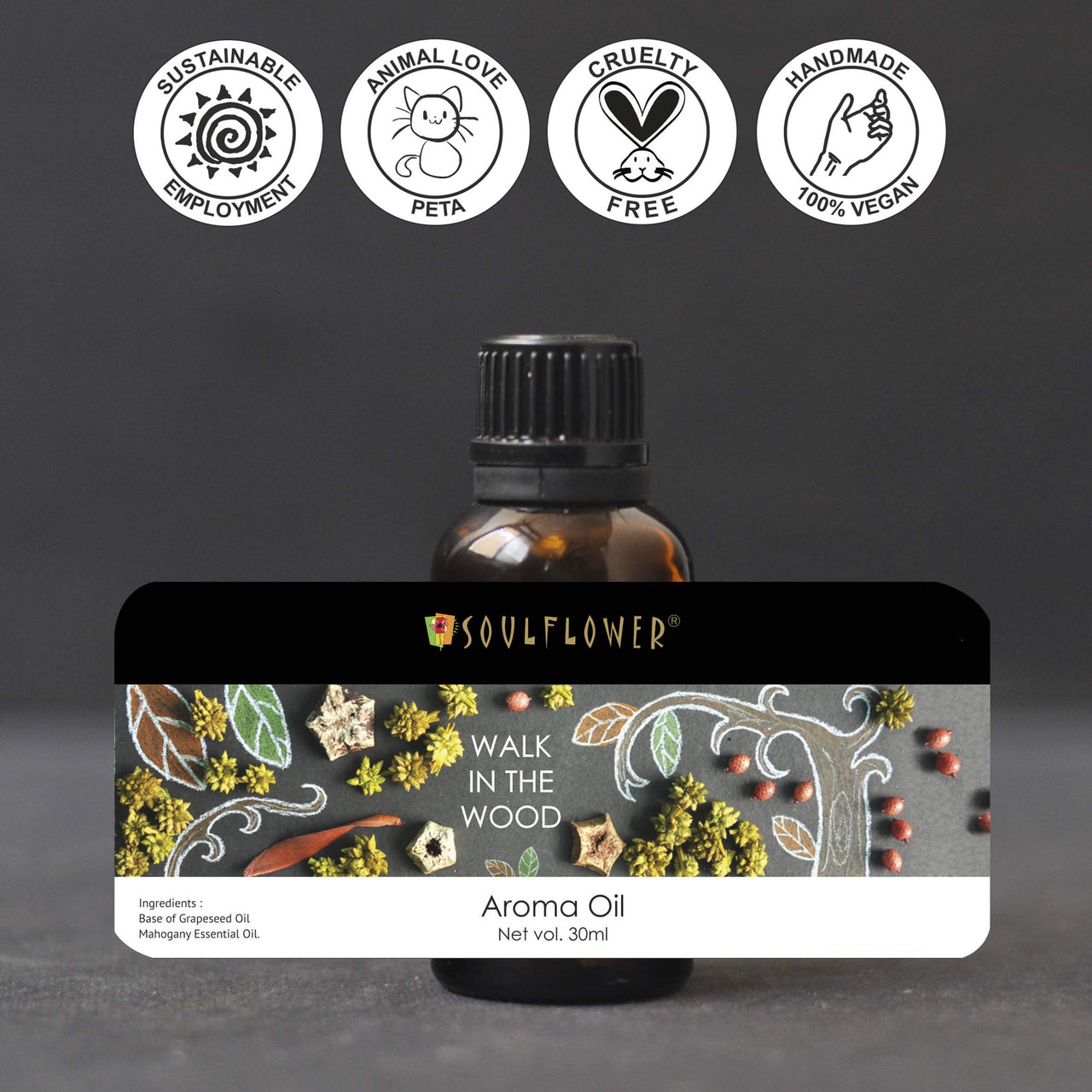 Soulflower Walk in the Woods Aroma Oil, 30ml | Woodsy & Mahogany Aroma | 100% Natural, Vegan & Alcohol-Free | Delicate & Luxurious Aroma | Free From Chemicals, Synthetic Color or Fragrance