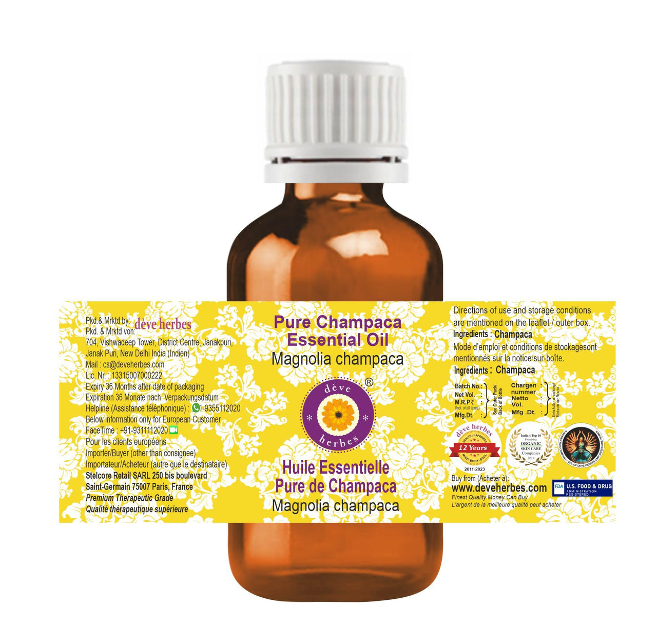 Deve Herbes Champaca Essential Oil (Magnolia champaca) Pure | Non-Sticky | Non-greasy | Lightweight | Men & Women | All Skin Types | Steam Distilled 5ml