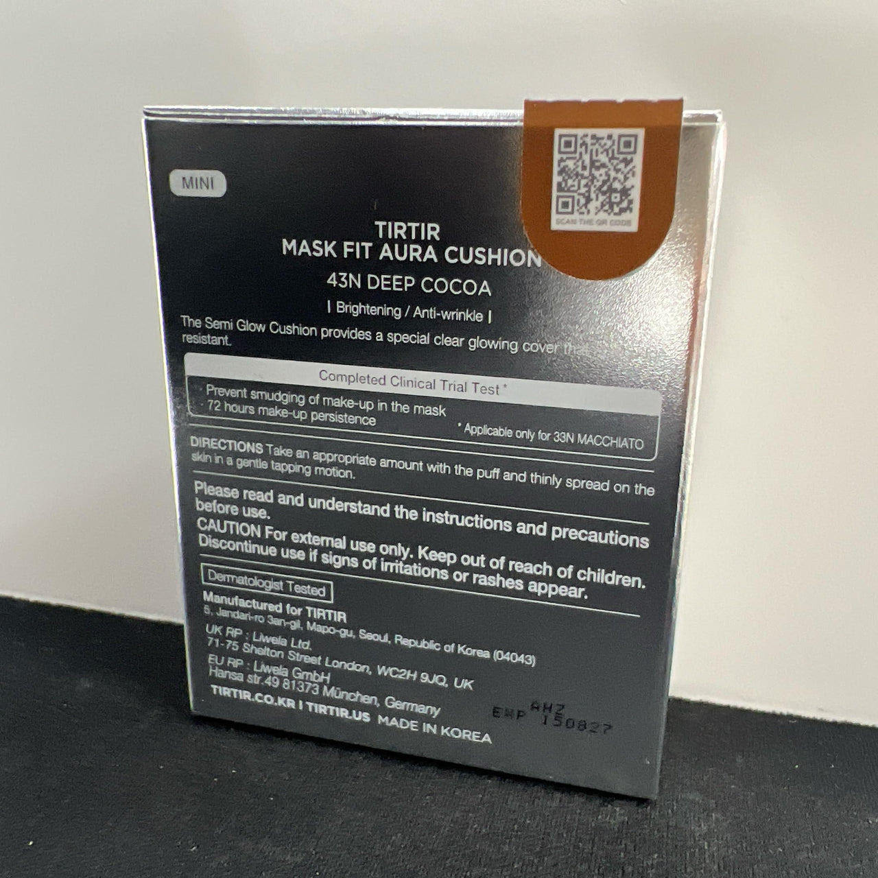 TIRTIR Mask Fit Aura Cushion Foundation, Full coverage, Skin fit, Satin Glow Finish, Korean Cushion Foundation #43N DEEP COCOA, 4.5g