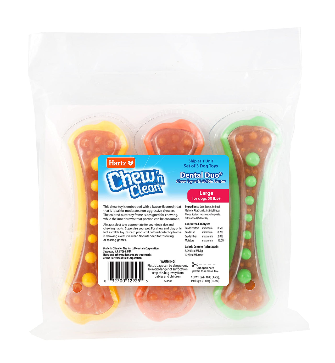 Hartz Chew 'n Clean Dental Duo Dog Treat & Chew Toy, Color Varies, Large, 3 Pack Large (Pack of 3) Orange, Green & Yellow