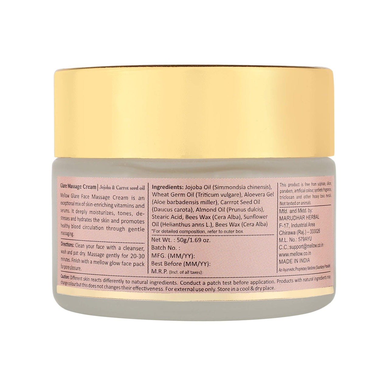 Mellow Herbal Ayurvedic Glare Facial Massage Cream | Deep Hydration & Anti-Aging | Enriched with Jojoba & Almond Oil | Boosts Blood Circulation & Brightens Skin | Paraben & Silicone-Free | 50gm