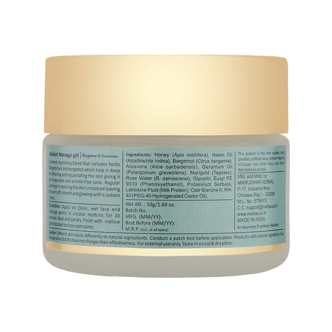 Mellow Herbals Facial Massage Gel | Ayurvedic Glow Boost for Oily & Acne-Prone Skin | Tightens, Hydrates & Revitalizes with Bergamot, Germanium Oil & Neem | Paraben-Free | 50g
