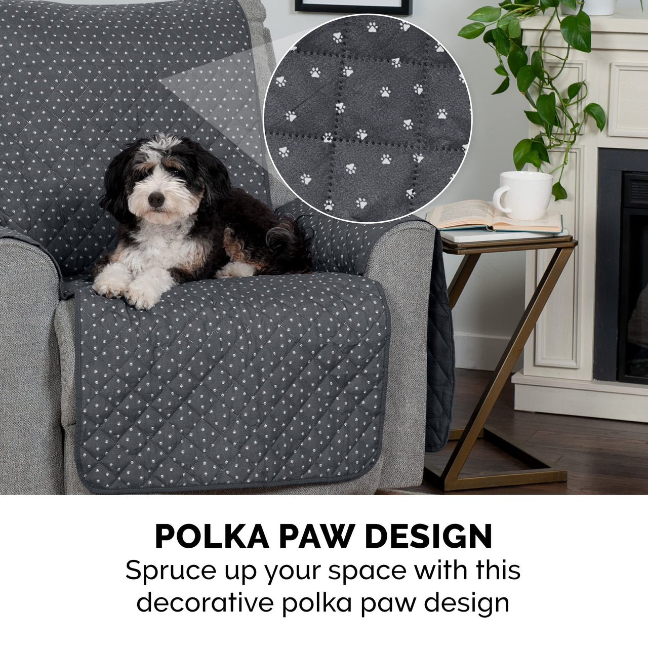 Furhaven Water-Resistant & Reversible Chair Cover Protector for Dogs, Cats, & Children - Quilted Polka Paw Living Room Furniture Cover - Gray, Chair Reversible Polka Paw Gray