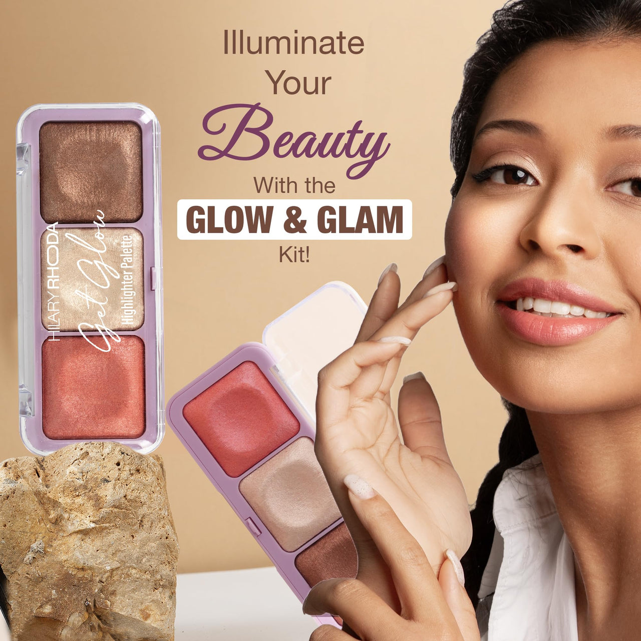 Hilary Rhoda Get Glow Highlighter Palette | Ultra Blendable & Long Lasting | Shimmer Finish & Illuminating Glow | Highly Pigmented & Easy To Blend Shades | 3 Shades in 1 Palette -15g (Shade - 04)