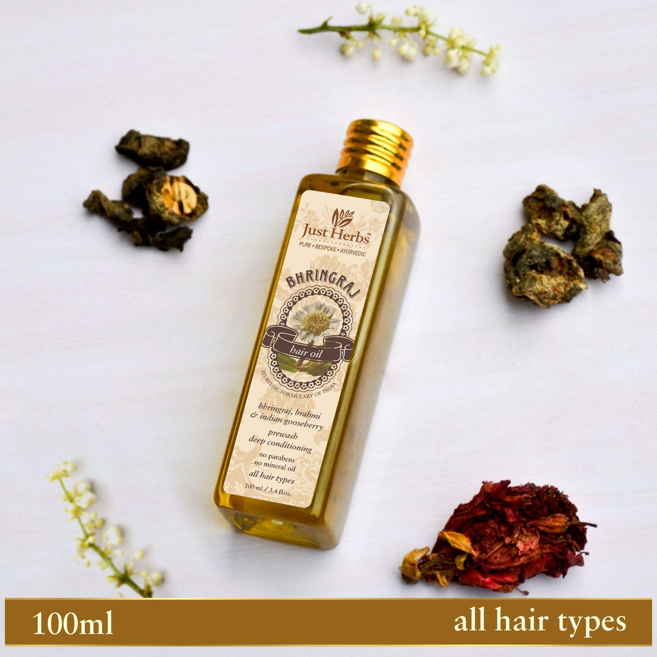 Just Herbs Ayurvedic Kumuda Indian White Waterlily Silicone free Hair Conditioner, For all Hair Type, Sulphate & Paraben Free - 200 ML & Just Herbs Bhringraj Oil | 100% Natural & Certified Ayurvedic