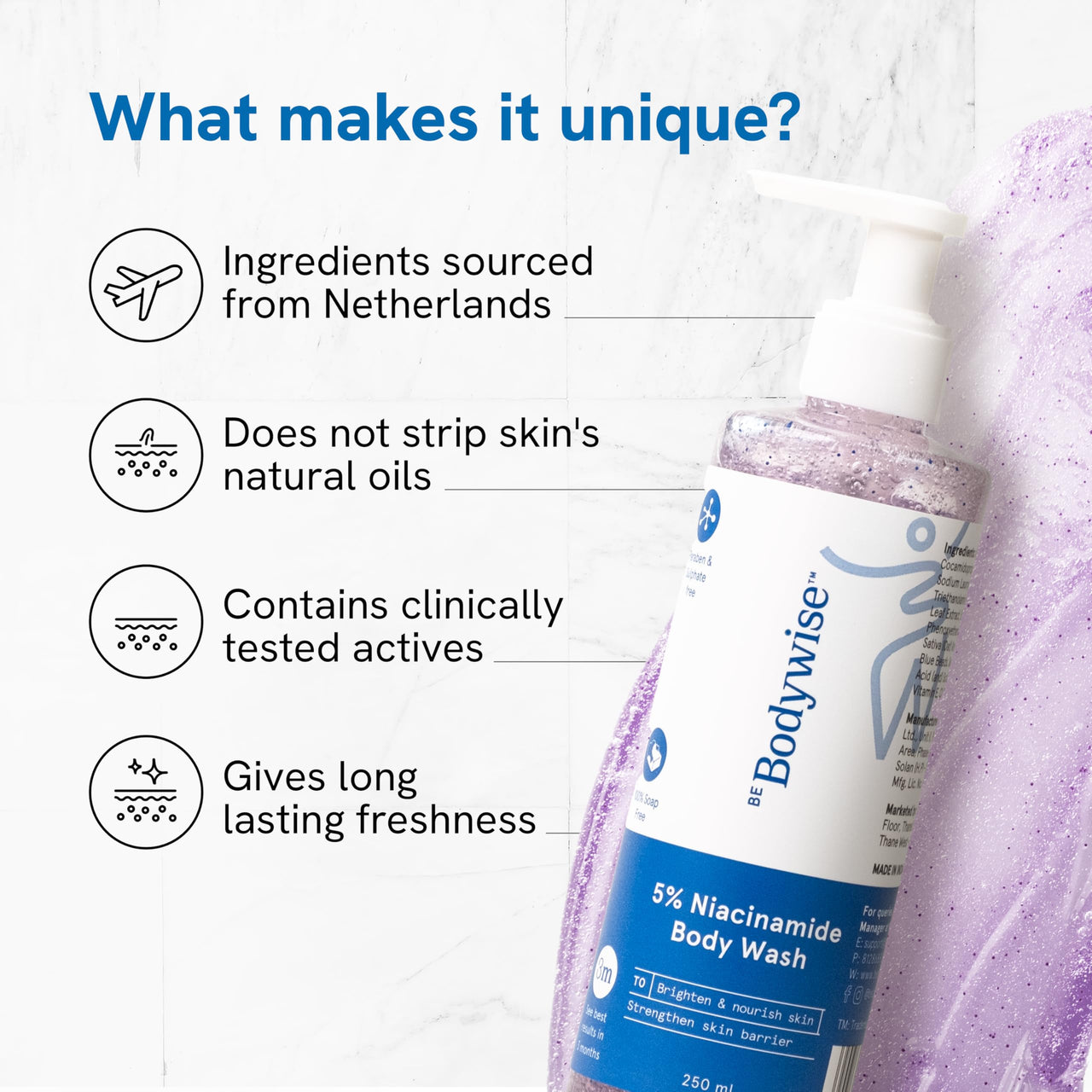 Be Bodywise 5% Niacinamide Brightening Body Wash | Hydrates & Deep Cleanses Skin | For Glowing & Hydrated Skin | With Aloe vera, Vitamin B3 & E | For All Skin Types | 250ml