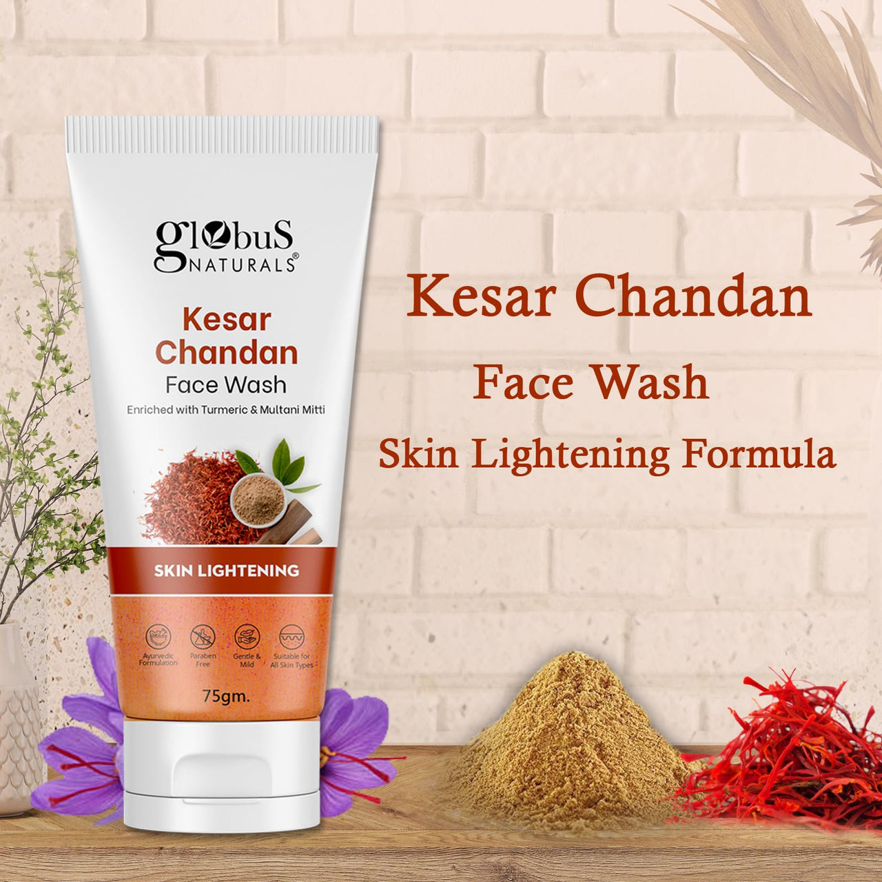 Globus Naturals Kesar Chandan Skin Lightening & Tan Removal Face wash, For Natural Glow & Spotless Skin, Suitable For All Skin Types, 75 ml (Pack of 3)