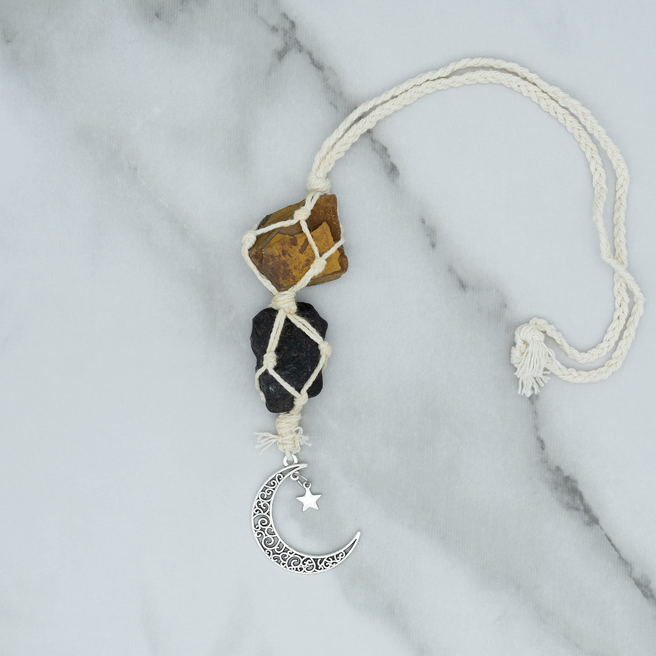BOHO GARDEN Hanging Car Charm - Tiger Eye & Black Tourmaline - Dangling Moon, Healing Crystal Accessories, Rearview Mirror Decorations - Grounding, Confidence, Protection, Courage, Resilience, Energy Tiger's  Eye-tourmaline