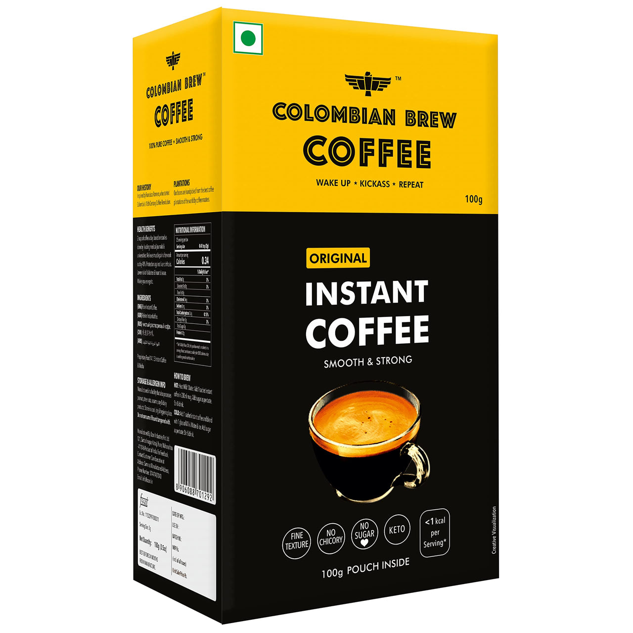COLOMBIAN BREW COFFEE Pure Instant Coffee Powder, Strong 100g, Box & Colombian Brew Hazelnut Instant Coffee Powder, No Sugar Vegan, 50gm