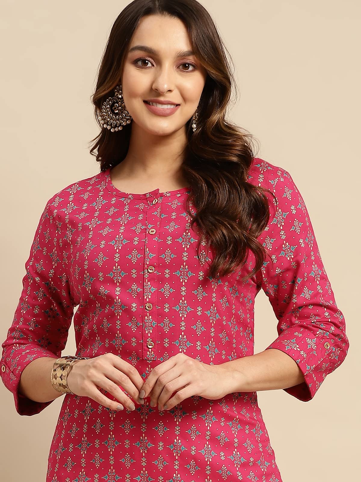 rangita Women Rayon Gold Printed Calf Length Straight Kurti