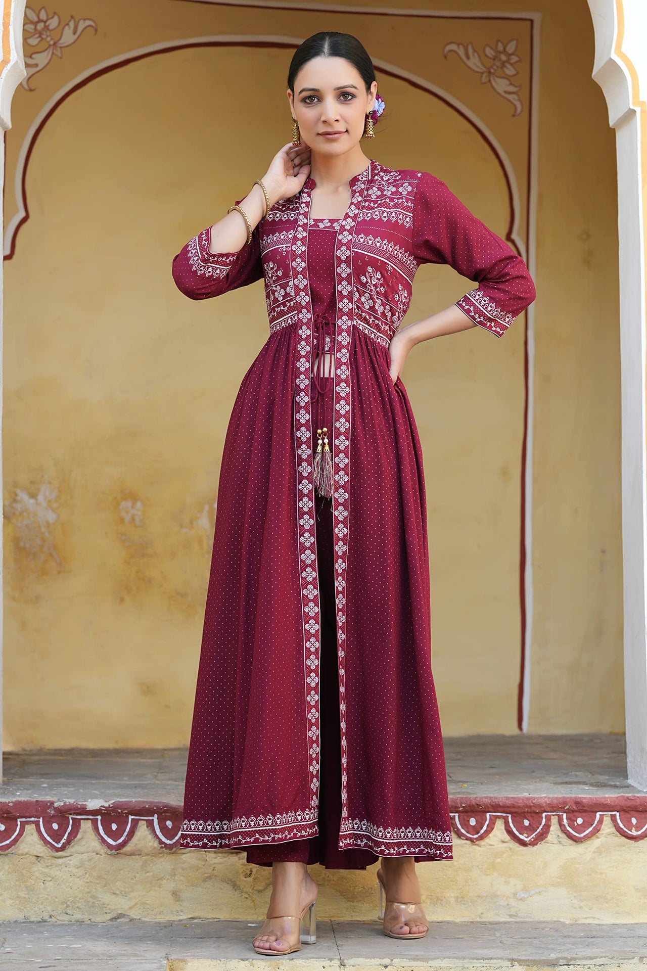 Juniper Maroon Rayon Printed Jacket Style Kurta Pant Set
