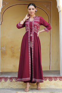 Juniper Maroon Rayon Printed Jacket Style Kurta Pant Set