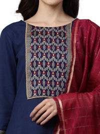 INDO ERA Women's  Pure Cotton Yoke Design Straight Kurta Palazzo with Dupatta Set(Navy Bue_IE26KD4NB1771_XS to 2XL-Size)