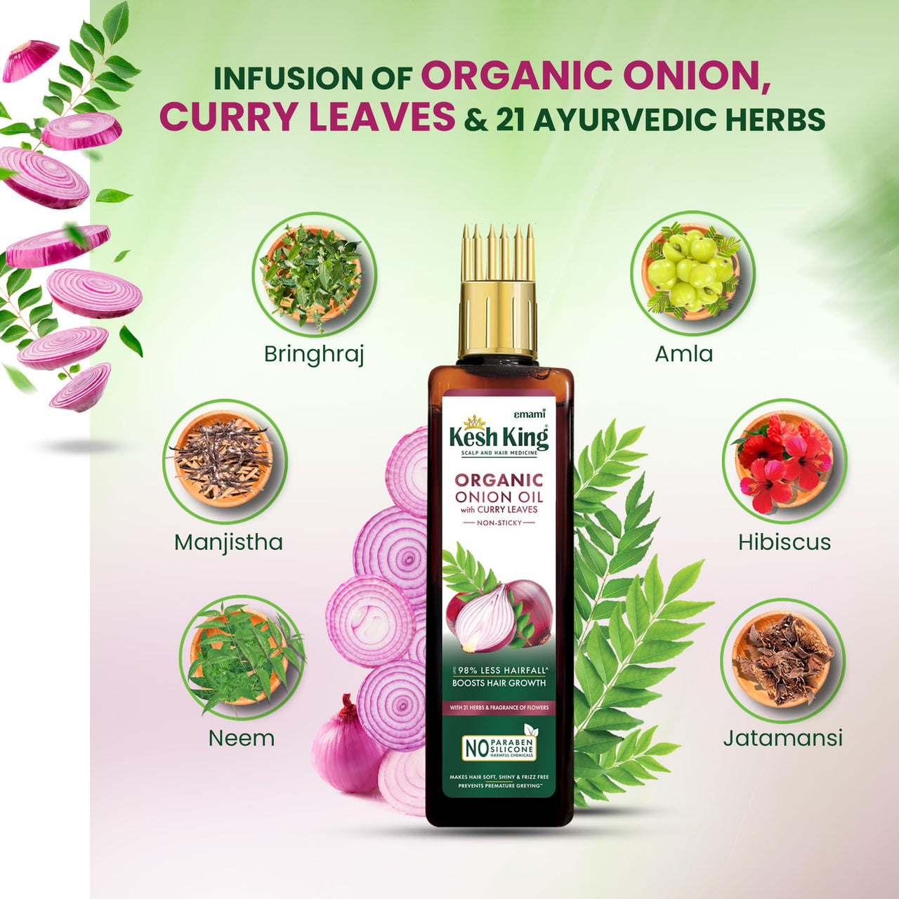Kesh King Organic Onion Oil with Curry Leaves | Hair Fall Control Oil | Hair Oil for Hair Growth | Hair Oil Applicator for Scalp | Reduces Hair Fall Up to 98% | 200ml