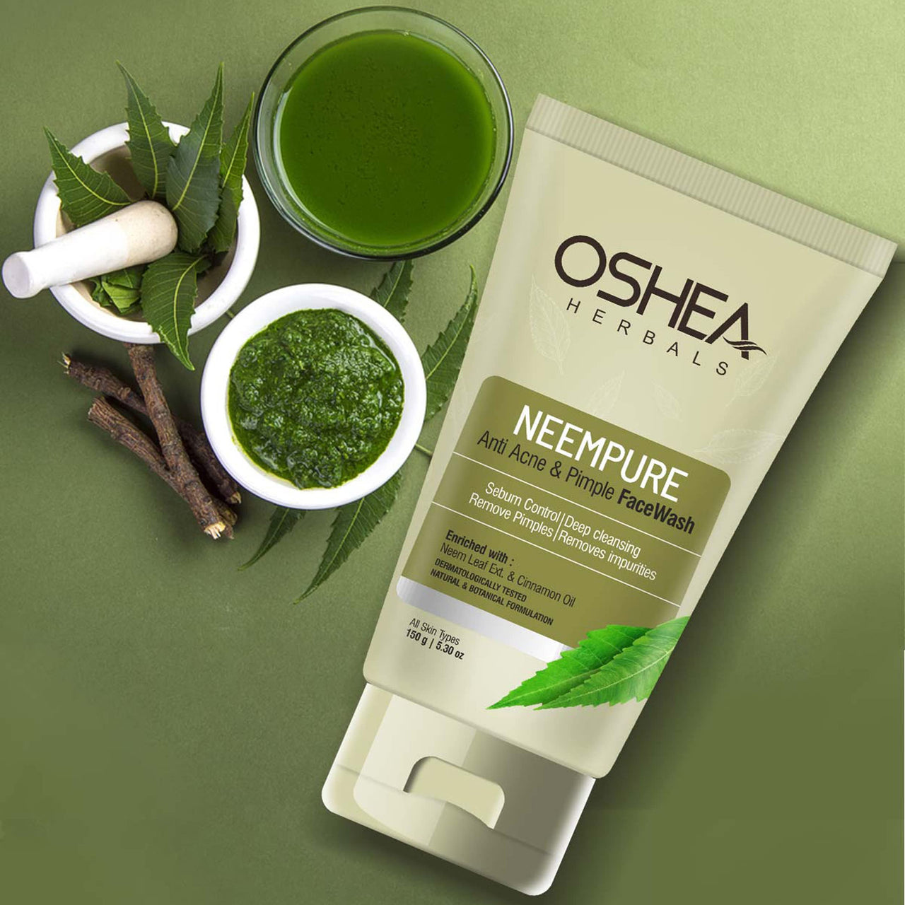 Oshea Herbals Neempure Anti Acne & Pimple Face Wash forMen and Women | Deep Cleansing with Neem Extract & Cinnamon Oil | Reduces Pimple & Acne with Controlled Sebum 150g