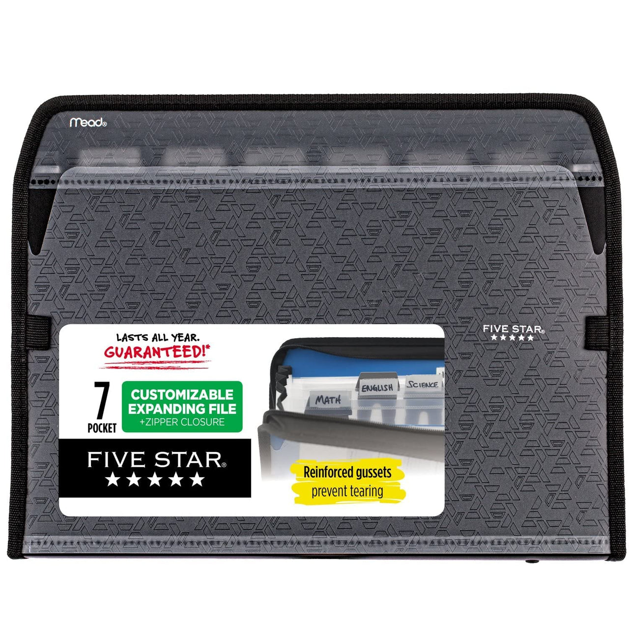Five Star 7 Pocket Expanding File Organizer, Plastic Expandable File Folders with Customizable Tabs & Clear Cover, Holds 11" x 8-1/2", Zipper Closure, Black (72709)