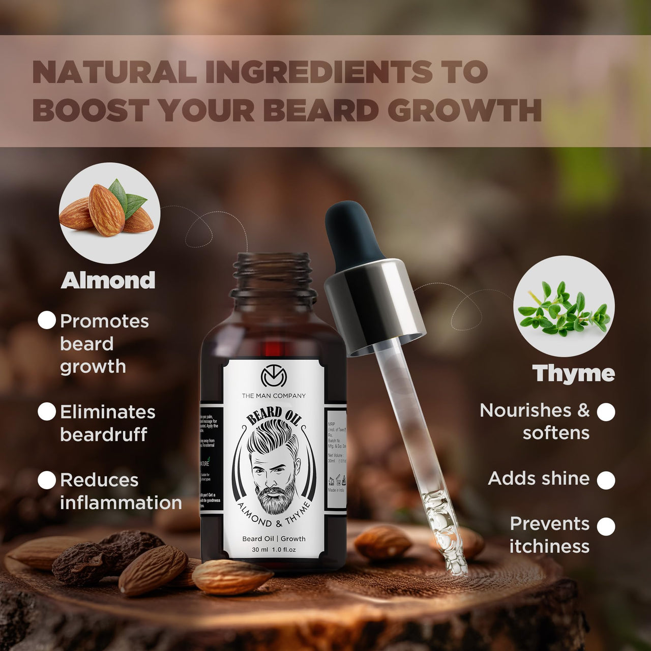The Man Company Beard Oil for Growing Beard Faster with Almond & Thyme, 100% NATURAL, Best Beard Growth Oil for Men, Nourishes & Strengthens Uneven Patchy Beard - 30ML