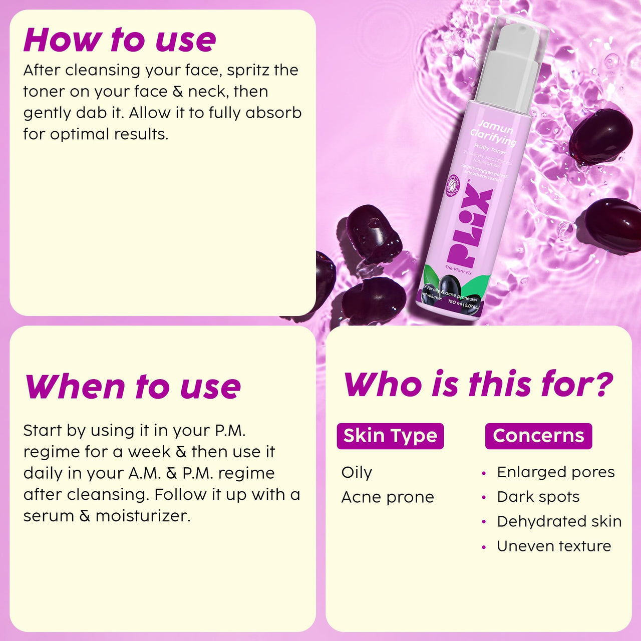 PLIX - THE PLANT FIX Jamun Clarifying Fruity Toner (150 Ml)|With Niacinamide & Jamun Extract|Targets Clogged Pores & Smoothens Skin|For Oily & Acne Prone Skin|Alcohol Free, For Women & Men