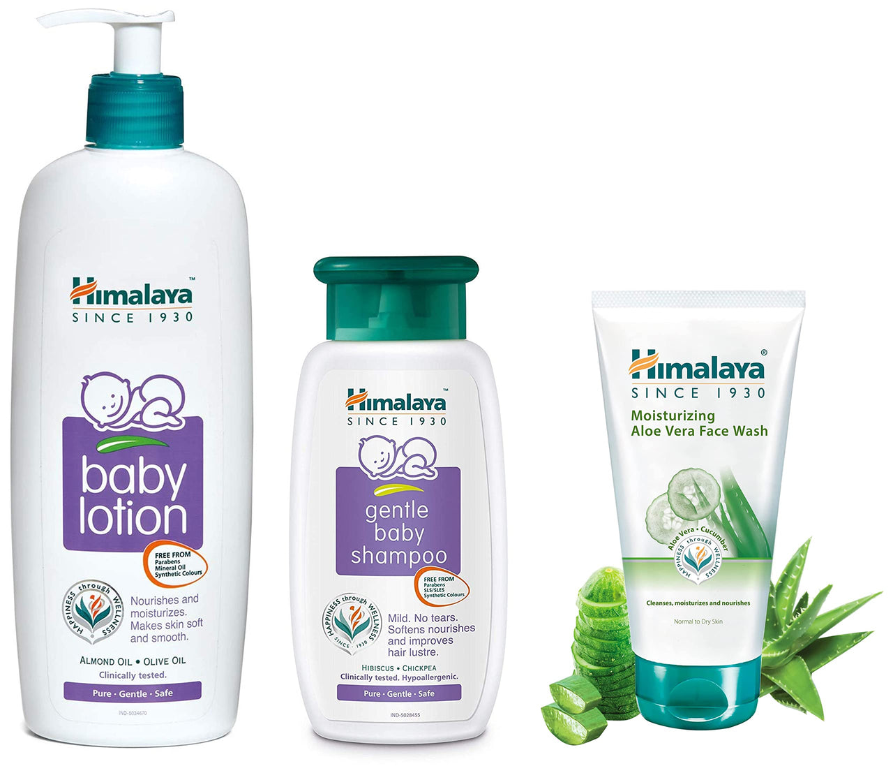 Himalaya Baby Body Lotion, For All Skin Types (400 ml) & Herbals Moisturizing Aloe Vera Face Wash,100ml & Gentle Baby Shampoo (200ml)