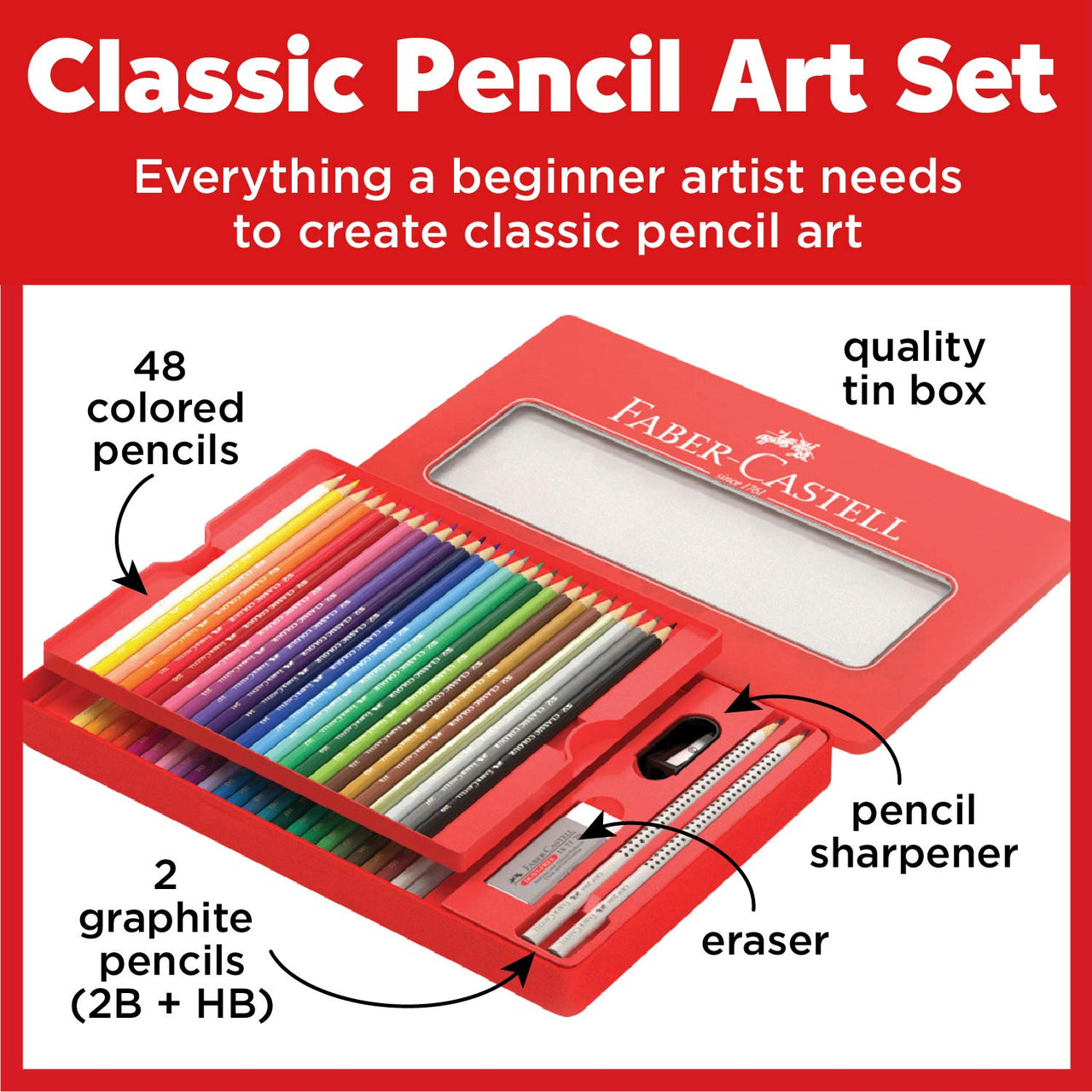 Faber-Castell Classic Colored Pencils Tin Set, 48 Vibrant Colors In Sturdy Metal Case 48 Count Drawing & Sketching