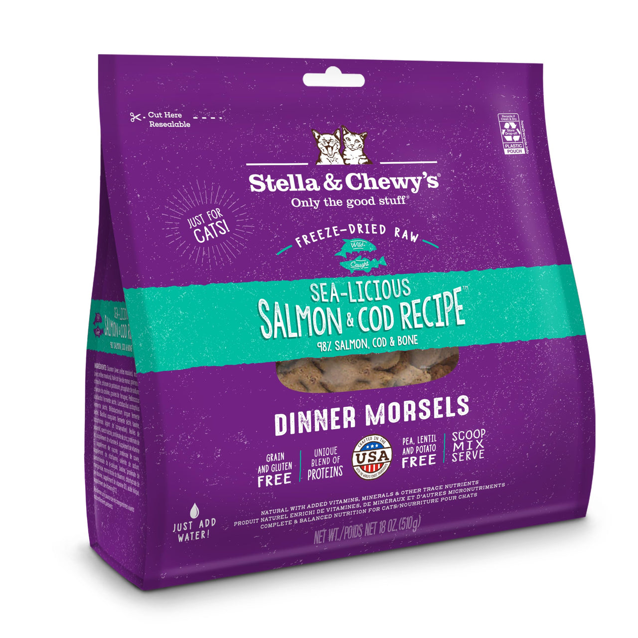Stella & Chewy's  Freeze-Dried Raw Cat Dinner Morsels – Grain Free, Protein Rich Cat & Kitten Food – Sealicious Salmon & Cod Recipe – 18 oz Bag 18 Ounce (Pack of 1)
