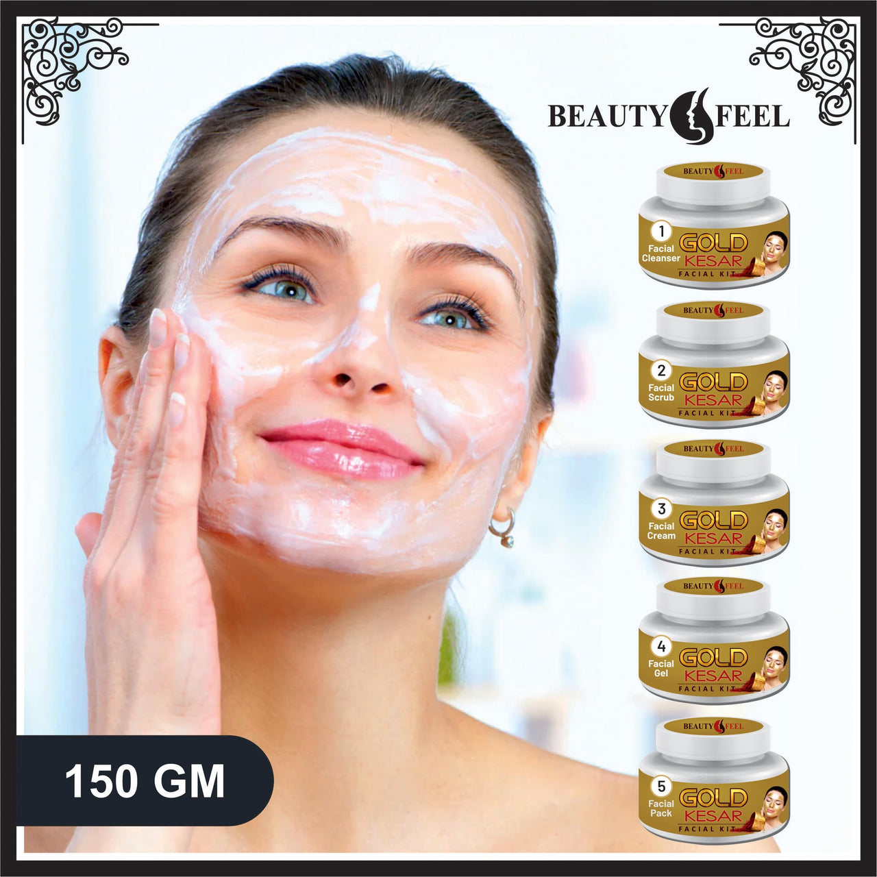 Beauty Feel Professional Gold Kesar Facial Kit For Facial, Cleanser + Scrub + Massage Cream + Facial Gel + Face Pack [Set of 5] 180 gm