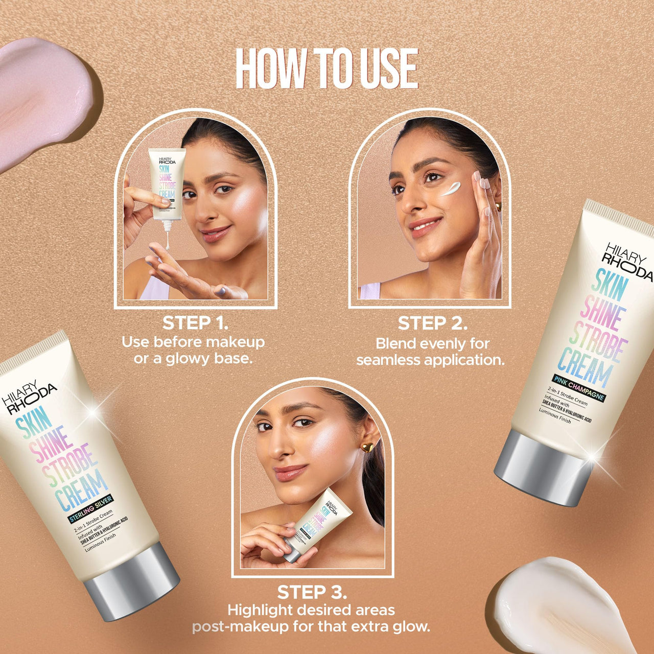 Hilary Rhoda Skin Shine Strobe Cream | 2 in 1 - Highlighter & Moisturiser | Shea Butter & Hyaluronic Acid | Intense Hydration | Weightless formula & Luminous Finish - 25ml (Sterling Silver - Shade 01)