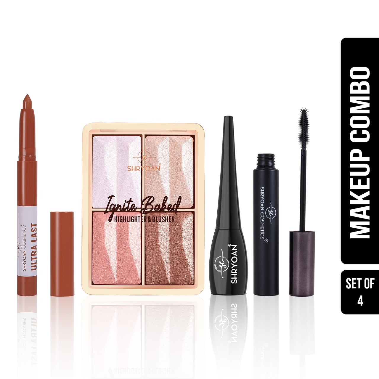 SHRYOAN Makeup Combo Set | Mascara, Eye-Liner, Matte Lipstick & Highlighter Combo Face Kit | Long Lasting, For All Skin Types | 100% Vegan & Cruelty-Free (4 Items Makeup Combo in the One Set)