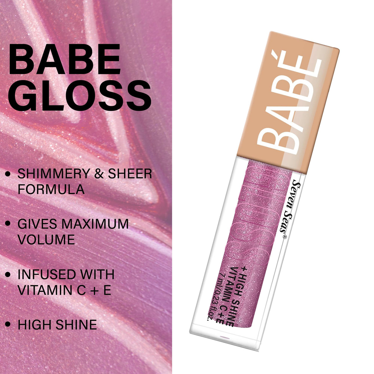 Seven Seas Babe Glittery Lip Gloss With High Shine Lip Color For Glossy Look |Lightweight Non Sticky Lip shiner For Moisturizing Lips (Hot Pink,7ML)