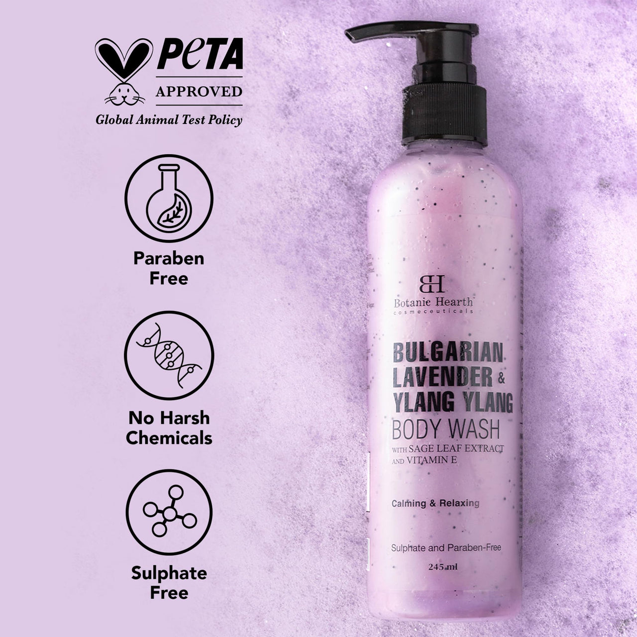 Botanic Hearth Bulgarian Lavender Body Wash with Ylang Ylang, Vitamin E & Sage Leaf | Calming Body Wash Shower Gel for Women and Men | Sulphate & Paraben Free | 245ml
