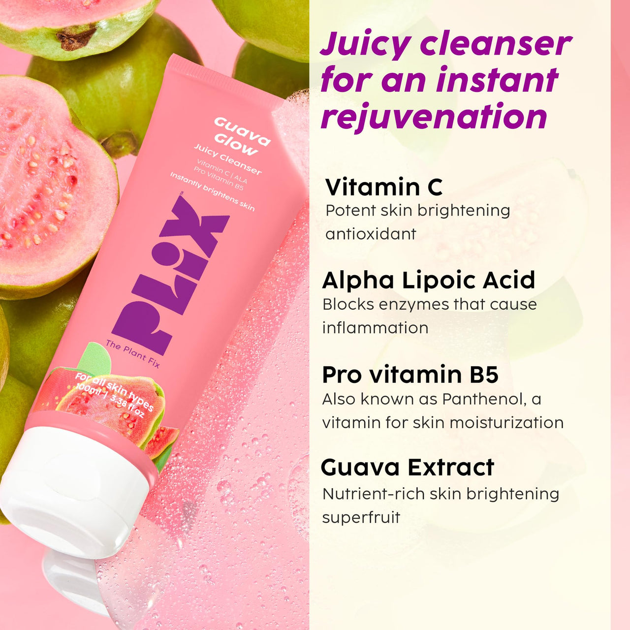 PLIX - THE PLANT FIX Guava & Roses Regime for Bright Skin & Balanced Skin pH| Hydrating Cleanser| 2-in-1 Toner Serum| Smoothie Moisturizer| Invisible Sunscreen Gel With SPF 50+ PA +++| For Men & Women| Pack of 4