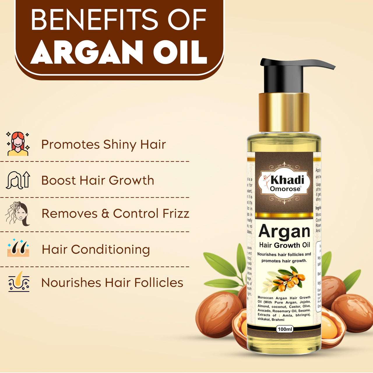 Khadi Omorose Argan Hair Oil - Controls Hair Fall, Makes Hair shiny and Strong (100 ml), (With Argan, Jojoba, Almond, Castor, Olive, Sesame Oil)