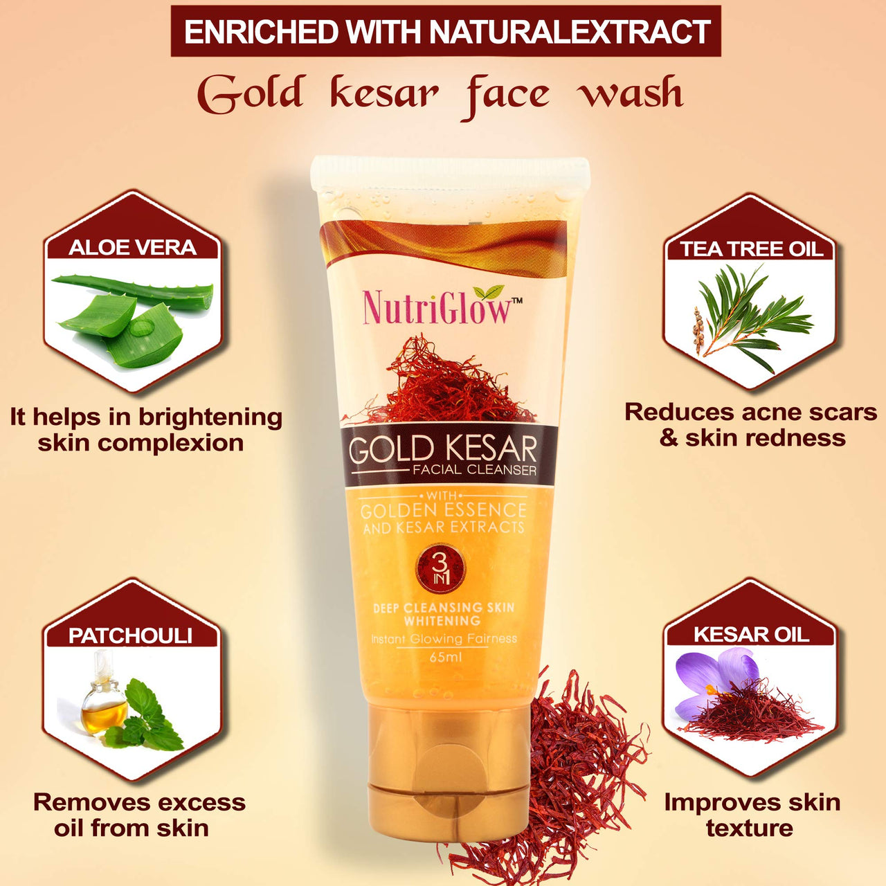 NutriGlow Gold Kesar Facial Kit (250gm + 10ml) with Bleach Cream (43gm) & Face Wash (65ml), All Skin Types (Pack Of 3)