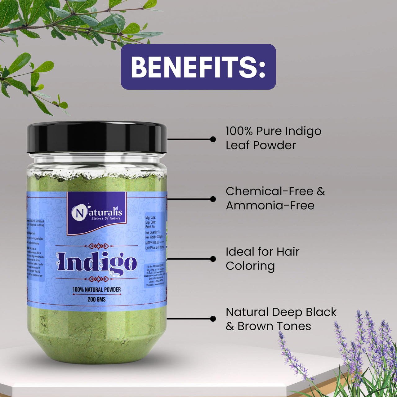 Naturalis Indigo Powder for Hair Black | Indigo Powder 200 Grams - Natural Hair Colouring | No Added Colors - Plant Based Hair Color Leaf | Vibrant & Nourishing