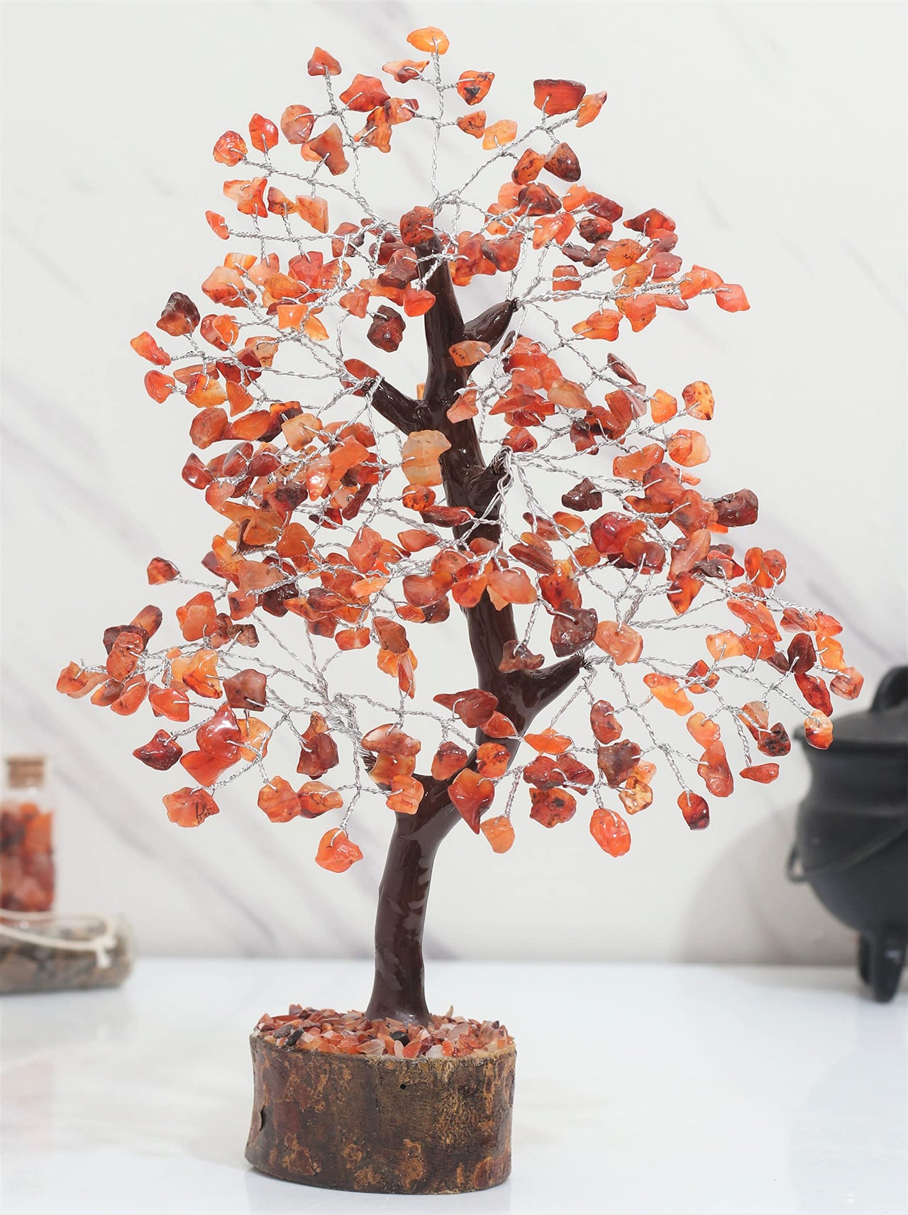 Carnelian Chakra Tree of Life - Crystal Tree for Positive Energy, Handmade Gemstone Tree - Feng Shui Decor, Good Luck Money Tree Bonsai - Orange Healing Crystals for Sacral Chakra, Prosperity Gift Carnelian (Silver Wire)
