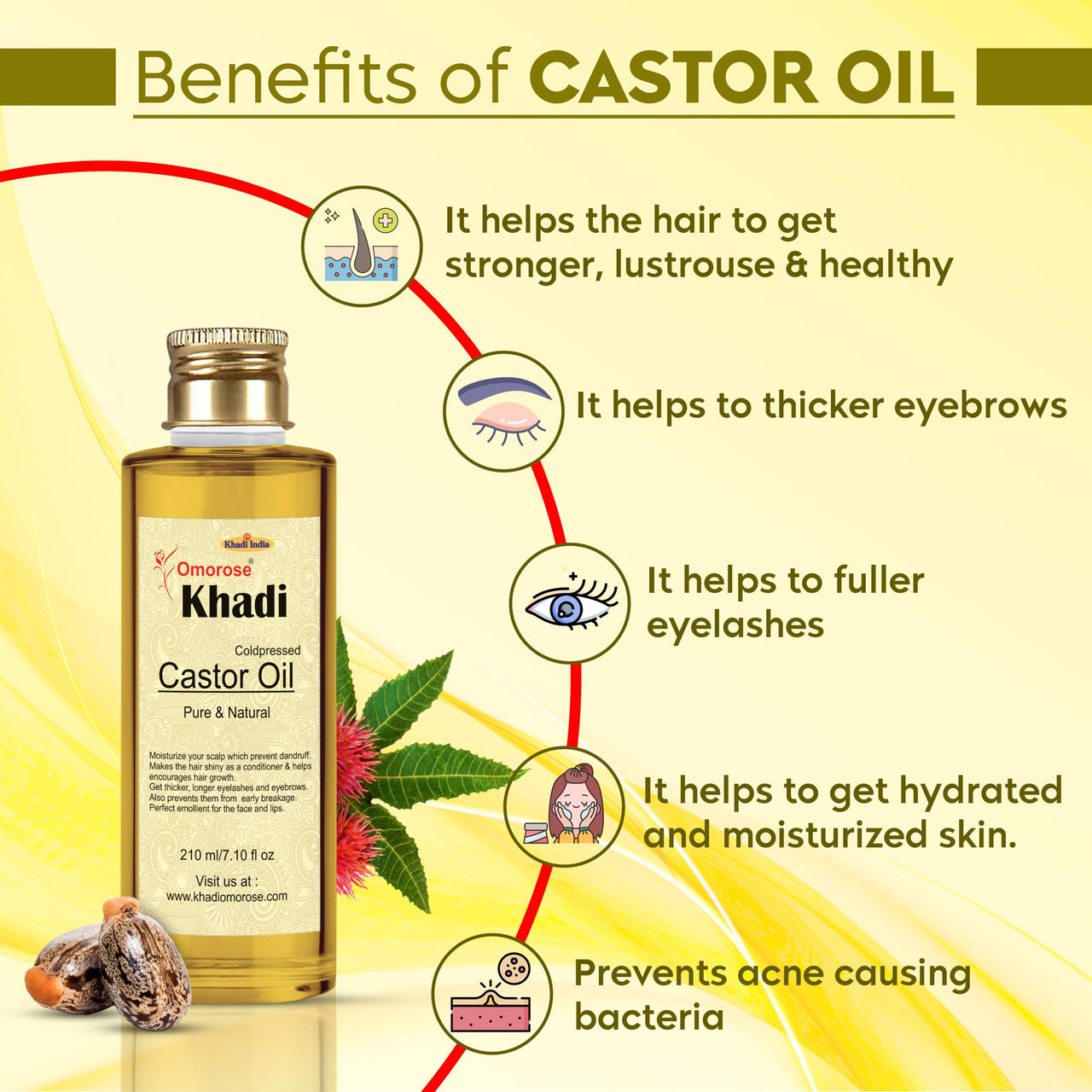 Khadi Omorose Castor Oil | Coldpressed & Hexane Free| Supports Stronger Hair| Hydrates Skin | Healthy Eyelashes Eyebrows, Lips & Nails -210 Ml