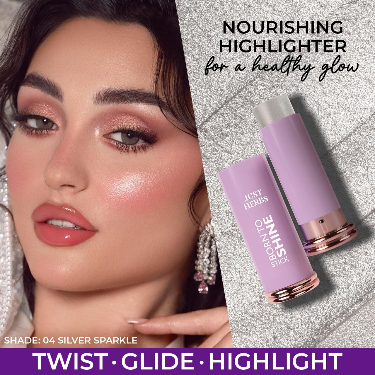 Just Herbs Born To Shine Shimmery Silver Sparkle Smooth | Portable | Moisturises & Hydrates infused with Shea Butter and Cica Single Stroke All Day Long Highlighter for Women 14g
