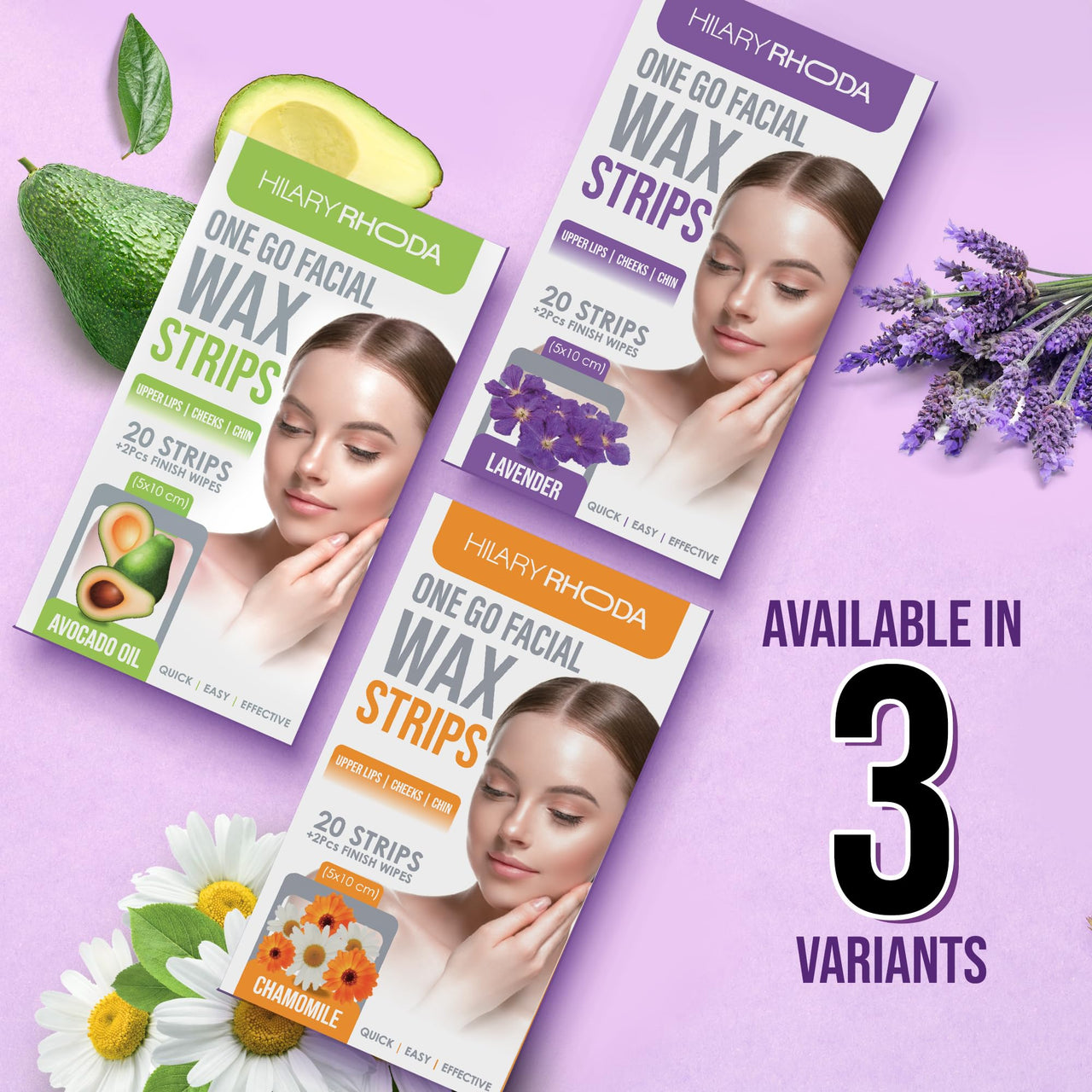 Hilary Rhoda One Go Facial Wax Strips | Ready-To-Use | Face, Cheek, Upper Lip & Chin Facial Wax | Painless Hair Removal | With 2 Finish Wipes | 20 Strips (Lavender)