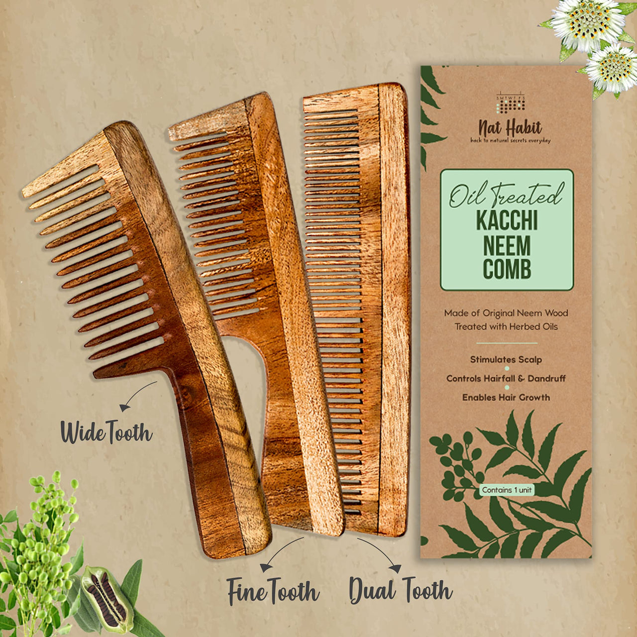 Nat Habit - Kacchi Neem Wooden Comb - Soaked In 17 Herbs, Neem & Sesame Oil For Multi-Actions - Detangling, Frizz Control & Shine (Dual Tooth, Fine Tooth & Wide Tooth) Combo Pack of 3